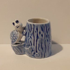 Adorable Vintage Delfts Blue Porcelain Turtle Toothpick Holder Hand Painted JOA